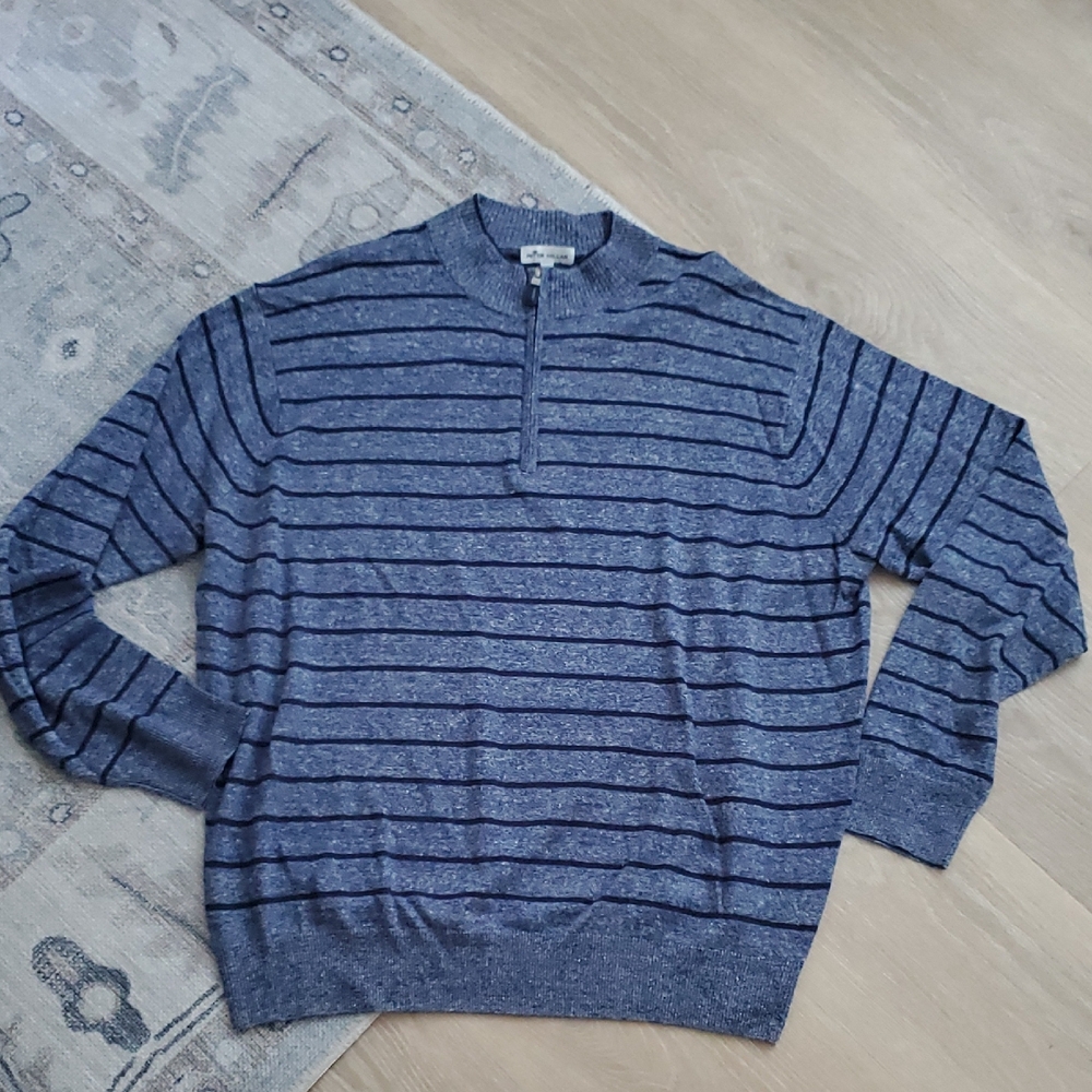 Peter Millar Men's Crown Cool Striped Quarter Zip Wool Linen Blend Sweater SzXL